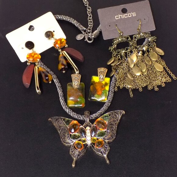 New Lot 4 Chico's Necklace & Earrings Bundle.  Boho Statement Earth-Tones - Picture 1 of 13